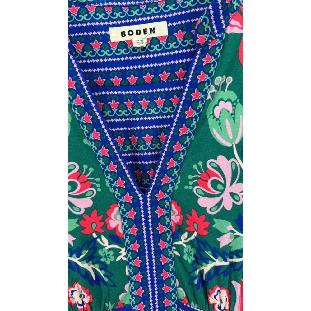 Boden Lily Jersey Maxi Tea Dress Womens 12P Green Floral V-Neck Pockets Boho - Picture 9 of 16
